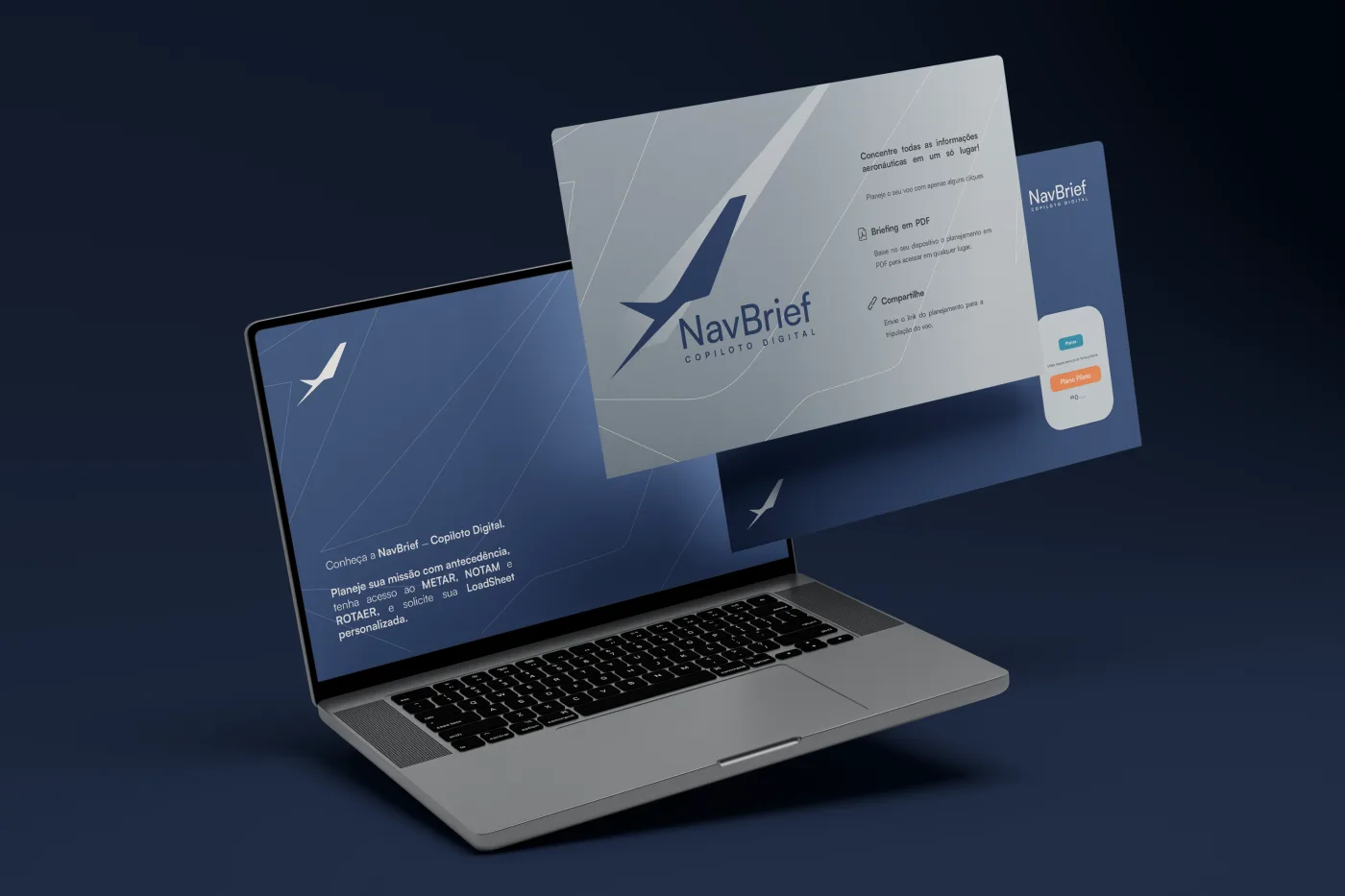 Telas do NavBrief exibidas em um notebook