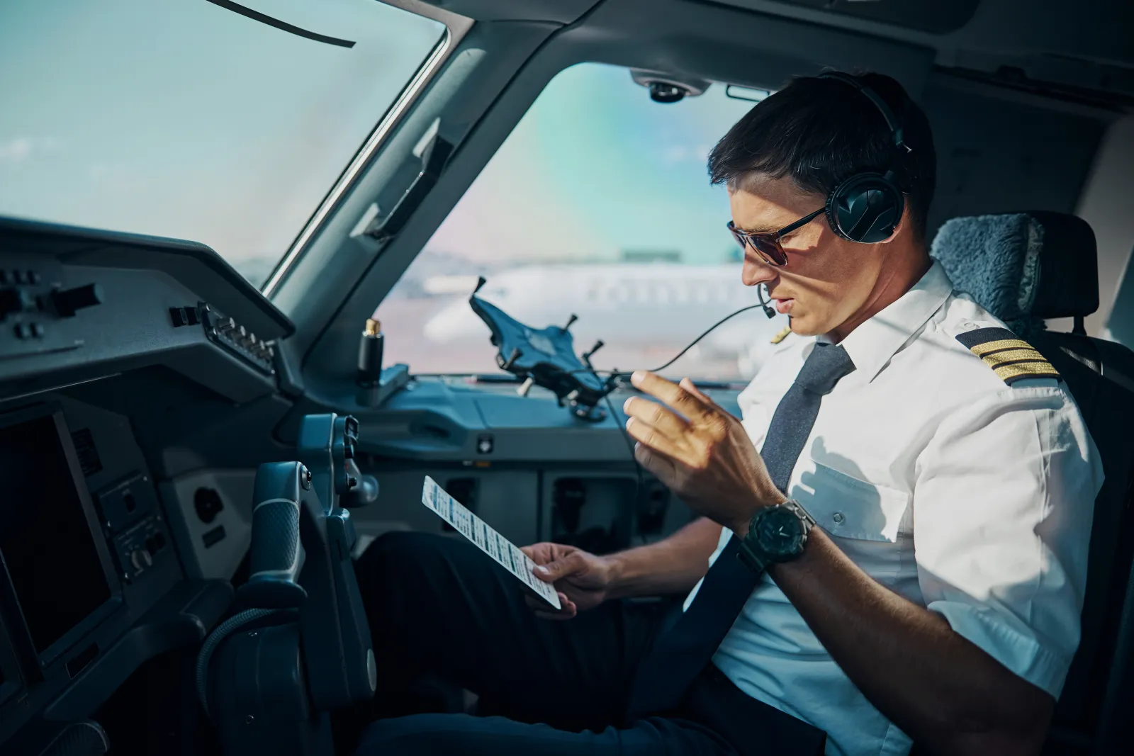 Piloto conferindo carta de navegação na cabine